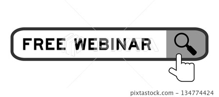Search banner in word free webinar with hand over magnifier icon on white background Search banner in word free webinar with hand over magnifier icon on white background 134774424