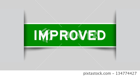 Green color square shape sticker label with word improved inserted in gray background 134774427