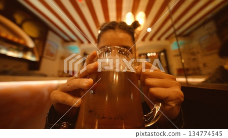 Beer celebration scene, Retro setting with man and beer Beer celebration scene, Retro setting with man and beer 134774545