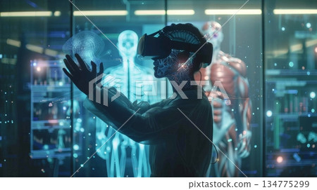 Medical doctor wearing virtual reality headset interacting with futuristic interface in research lab 134775299