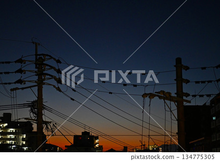 Electric wires and sunset in the twilight sky Electric wires and sunset in the twilight sky 134775305