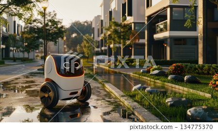 Autonomous delivery robot navigating residential area in the future 134775370