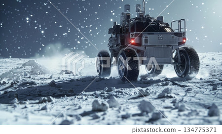 Rover exploring icy planet during snowfall at night 134775371