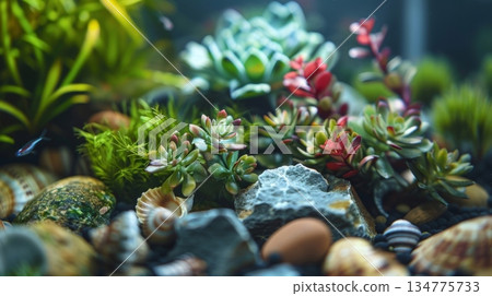 A terrarium aquarium hybrid with a variety of underwater plants and small fish swimming amidst decorative stones and shells 134775733