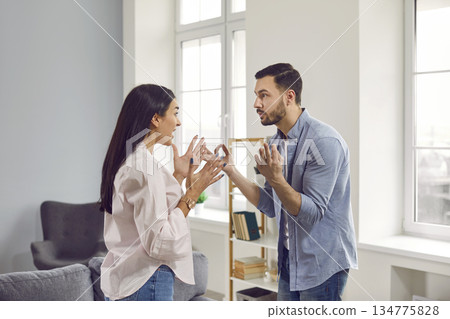 Young couple standing at home and arguing in the living room. Quarrel and divorce concept. 134775828