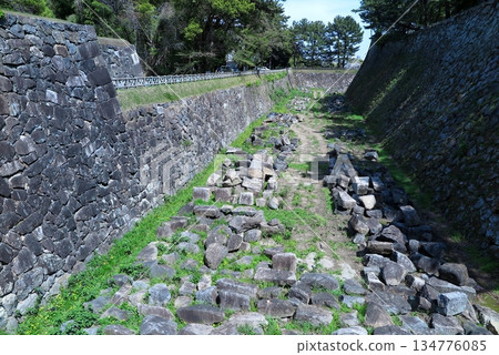 Nagoya Castle landscape: Stones from the stone wall temporarily placed in the inner moat for repair work 134776085