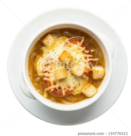 Warm French onion soup with savory broth, melted cheese, and croutons in white bowl, comforting gourmet meal 134776321