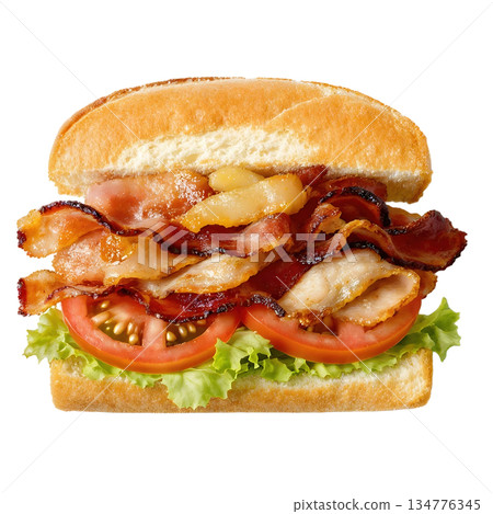 Delicious club sandwich with crispy bacon, chicken, fresh lettuce, and tomato. An appetizing and tasty lunch meal 134776345
