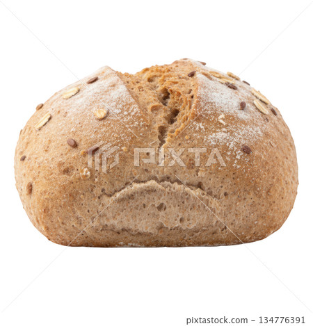 Unhappy brown whole grain bread roll with sad frown face. healthy baked bun with seed for nutritious meal 134776391