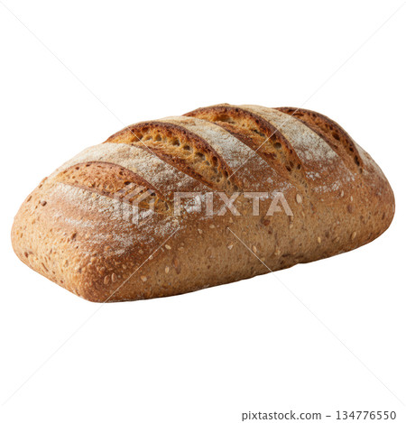 Fresh whole grain bread loaf with crispy crust. Healthy and appetizing meal for breakfast. Baked bakery food 134776550