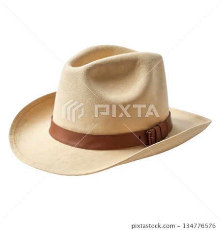 Classic vintage beige fedora hat, fashion accessory with leather band detail expressing timeless, adventurous look Classic vintage beige fedora hat, fashion accessory with leather band detail expressing timeless, adventurous look 134776576