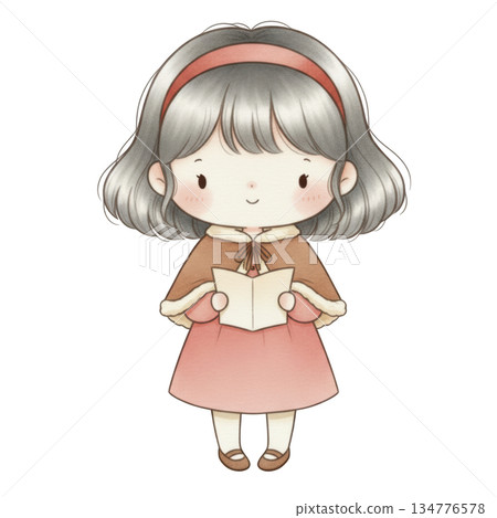 Happy girl cartoon character singing carol. Cute child with grey hair holding book wearing winter cape 134776578