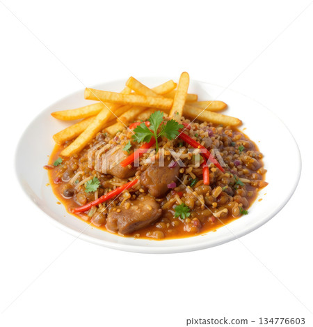 Savory lomo saltado with fries, peppers, red onions, and cilantro on white plate. delicious and hearty meal 134776603