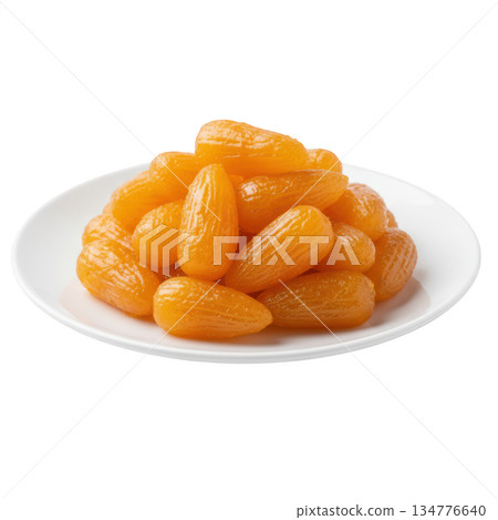 Delicious plate of Med Khanoon, sweet golden Thai dessert. An appetizing food snack full of traditional flavor 134776640