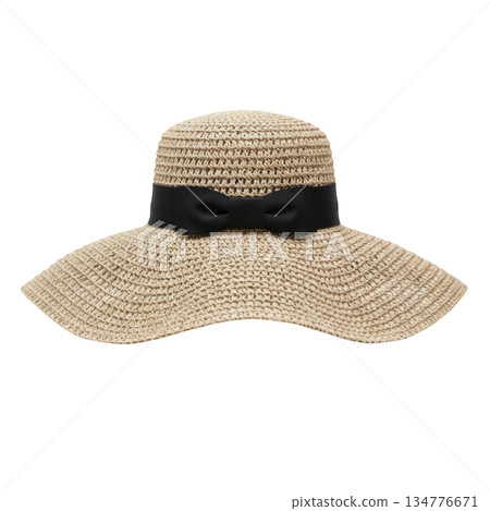 Elegant beige straw sun hat fashion accessory for summer. Woman headwear with wide brim and classic black ribbon Elegant beige straw sun hat fashion accessory for summer. Woman headwear with wide brim and classic black ribbon 134776671