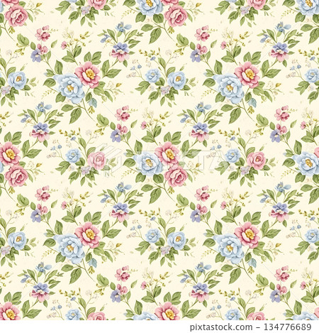 Romantic floral classic seamless pattern with hand painted rose blooms. lovely vintage wallpaper and textile design 134776689