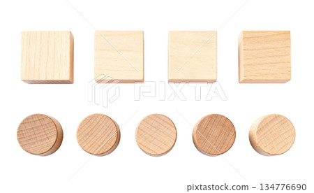 Organized set of geometric wood shapes. row of cube blocks and row of cylinder pieces on transparency background 134776690