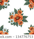 Cheerful floral classic seamless pattern of orange flower. Beautiful vintage textile design and retro illustration 134776753