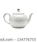 Elegant white porcelain teapot for classic beverage service. kitchenware item for calm and serene teatime ceremony 134776755