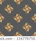 Classic floral seamless pattern with vintage geometric motif. An elegant textile design on gray background for warm decor 134776756