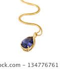 Elegant gold necklace with luxurious blue gemstone teardrop pendant. Precious fine jewelry accessory transparency 134776761