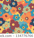 Cheerful retro floral seamless pattern with abstract flower shapes on multicolored background for vibrant design 134776766