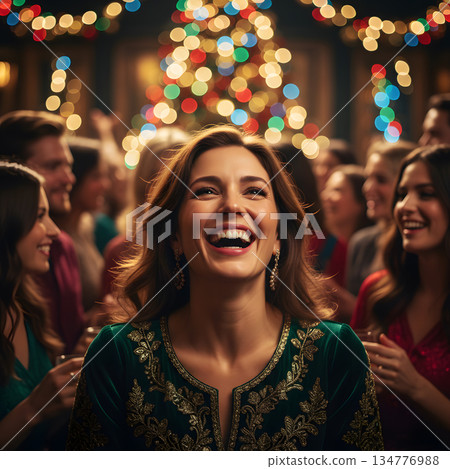 Cheerful Woman Laughing at Festive Holiday Party 134776988