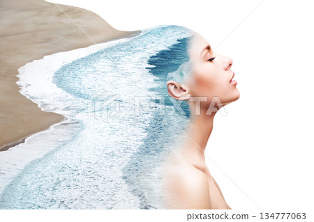 Profile of woman and ocean Profile of woman and ocean 134777063