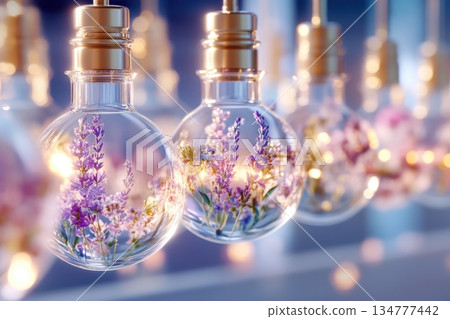 A unique distillation setup showcases glowing orbs filled with vibrant floral infusions. The captivating arrangement highlights botanical technology, illuminating the art of scent creation. 134777442