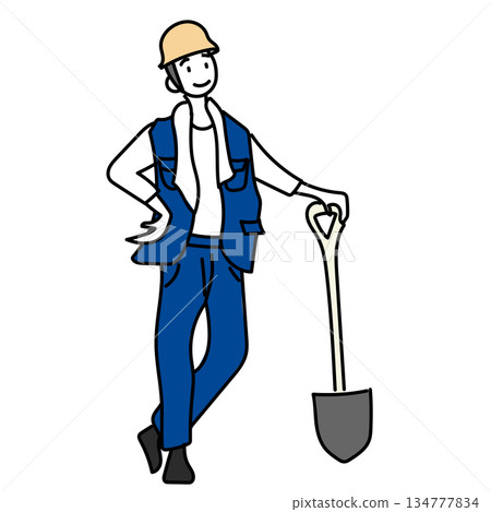 庫存插圖：一名戴著安全帽、手拿鏟子的男工人的插圖 134777834