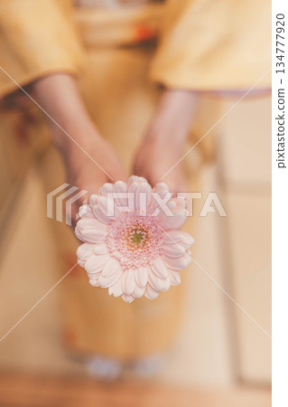 Woman in a kimono holding a pink flower Woman in a kimono holding a pink flower 134777920