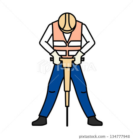 庫存插圖：一名戴著安全帽和安全背心的男性工人正在操作風鎬。 134777948