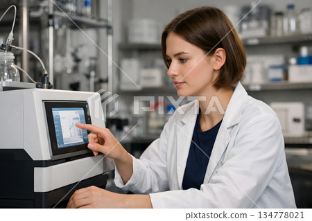 一位年輕的女研究員正在操作一台分析設備。 134778021