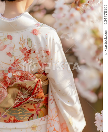 身穿和服的女子背對著鏡頭，站在櫻花樹前。 134778192