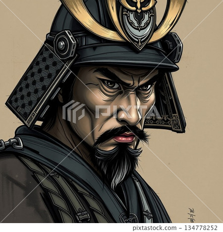 Intense Samurai Warrior Portrait With Elaborate Helmet, Fierce Expression, Dark Beard, and Traditional Armor Intense Samurai Warrior Portrait With Elaborate Helmet, Fierce Expression, Dark Beard, and Traditional Armor 134778252