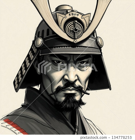 Intense Samurai Warrior Portrait With Helmet In Bold Illustration Style 134778253
