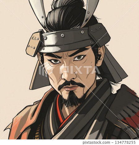 Intense Samurai Warrior Portrait With Elaborate Helmet, Fierce Expression, Dark Beard, and Traditional Armor 134778255