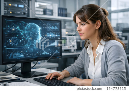 女性研究員正在檢查人工智慧分析 134778315