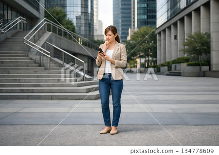 A woman on the road thinking about her next move 134778609