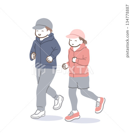 插畫素材：一對男女面帶微笑，快樂慢跑。 134778887