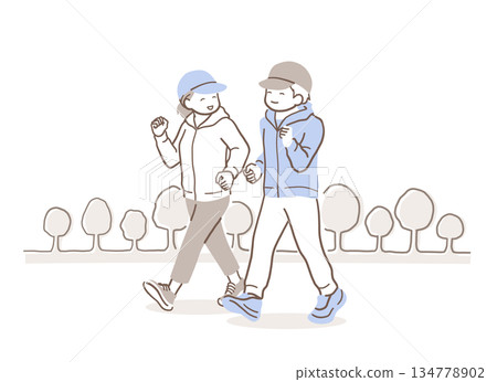 公園裡散步的男女的插畫素材 134778902