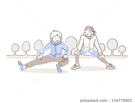 公園裡一對男女伸展身體的插畫素材 134778903