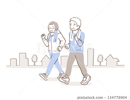 一對老年夫婦在城市裡散步的插畫素材 134778904