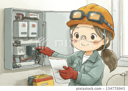 Illustration of a female electrician inspecting the switchboard of an EV charging facility 134778943