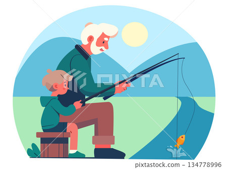 Illustration Grandfather and Grandson Fishing Together 134778996
