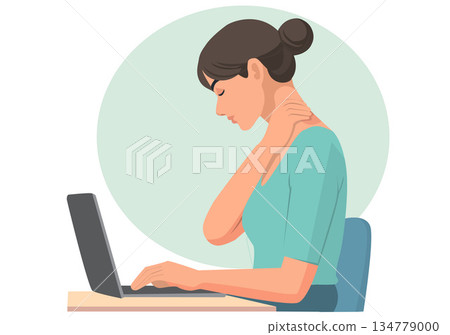 Illustration Woman Suffering from Neck Pain while Working on Laptop 134779000