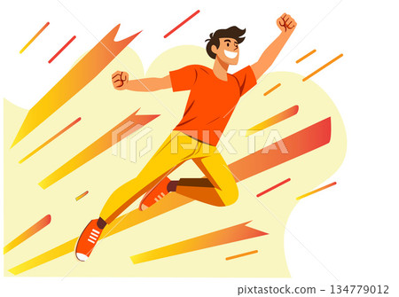 Illustration Energetic Young Man Jumping with Joy and Victory 134779012