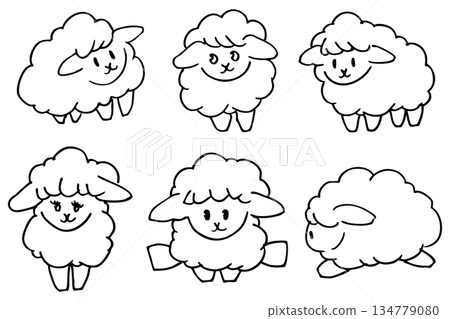 手繪風格綿羊線條插畫套裝 | 簡約綿羊素材，適用於羊年和新年賀卡 134779080