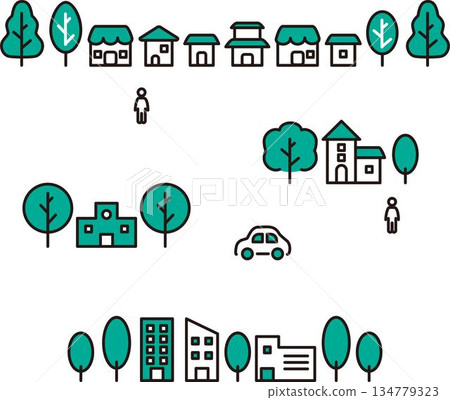 Cityscape and residential icon set. Flat design elements of houses, buildings, schools, trees, cars, and pictograms Cityscape and residential icon set. Flat design elements of houses, buildings, schools, trees, cars, and pictograms 134779323
