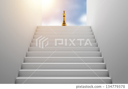 Golden king chess piece standing at the peak of success with sunlight 3D render Golden king chess piece standing at the peak of success with sunlight 3D render 134779378